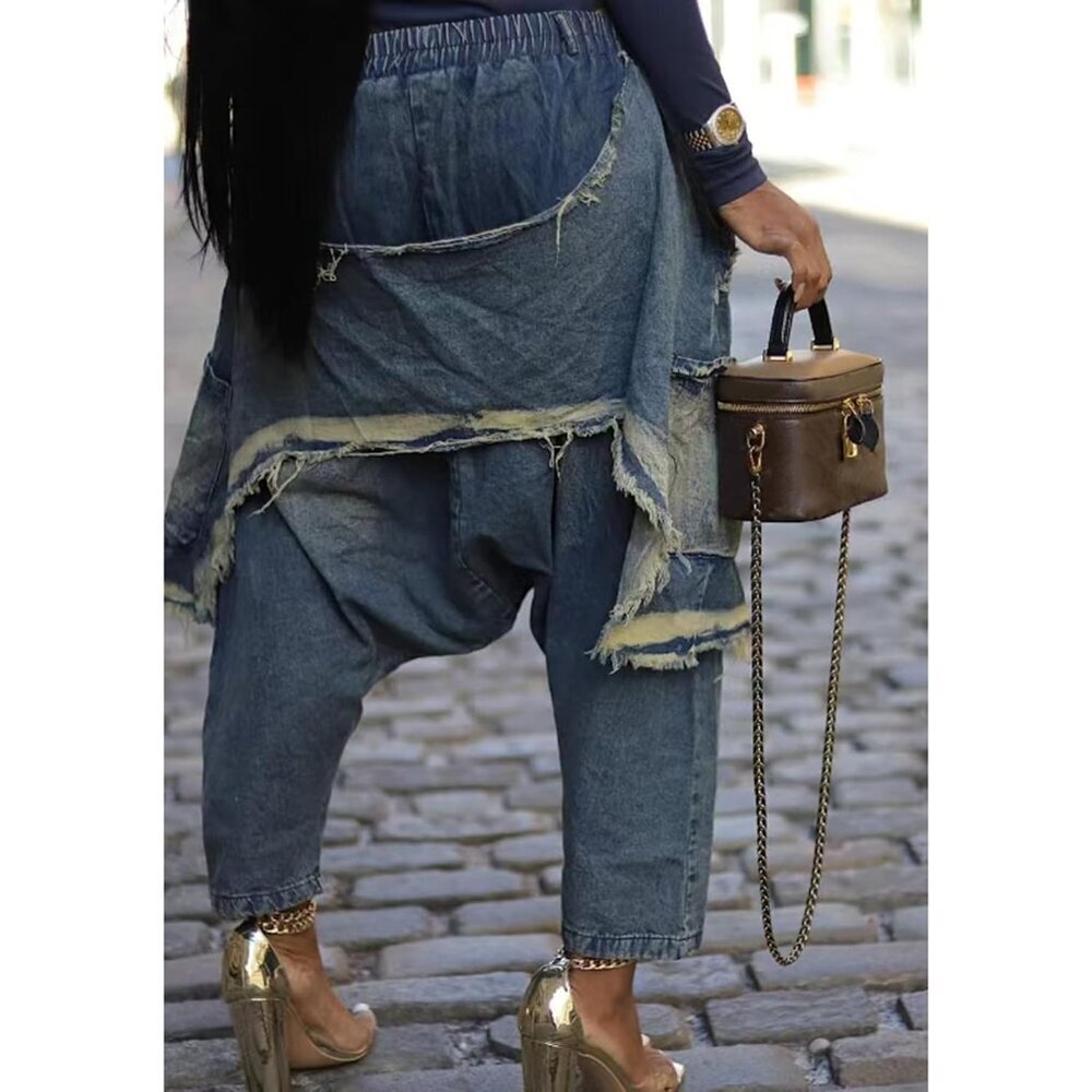 Womens Elastic Waist Wide Leg Cargo Jeans Boho Harem Capris Summer Trendy - Picture 8 of 9